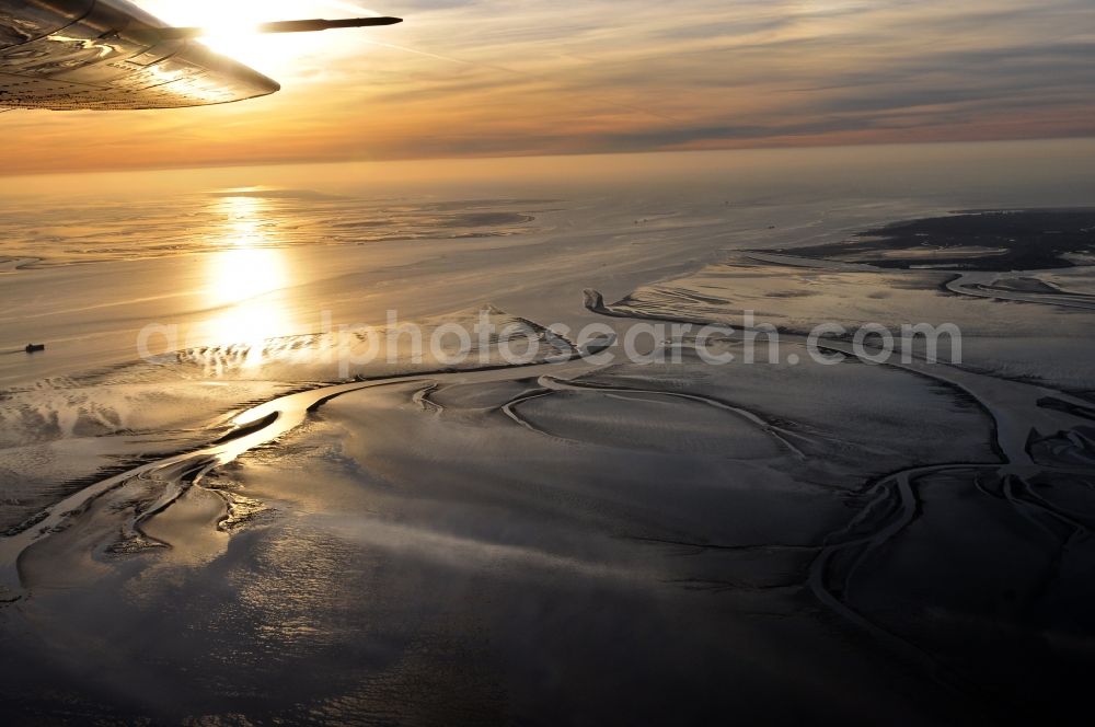 Aerial photograph Emden - North Sea coastal landscape with sunset at low tide on the Wadden Sea on the Ems estuary, near Emden in Lower Saxony