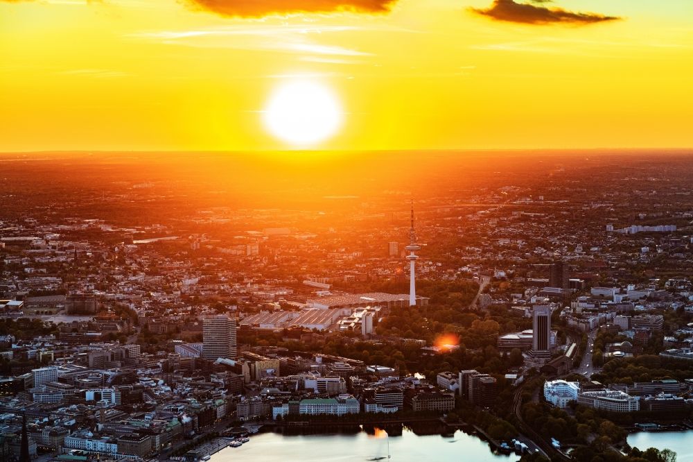 Aerial image Hamburg - City view sunset of the downtown area on the shore areas of Binnenalster in Hamburg, Germany