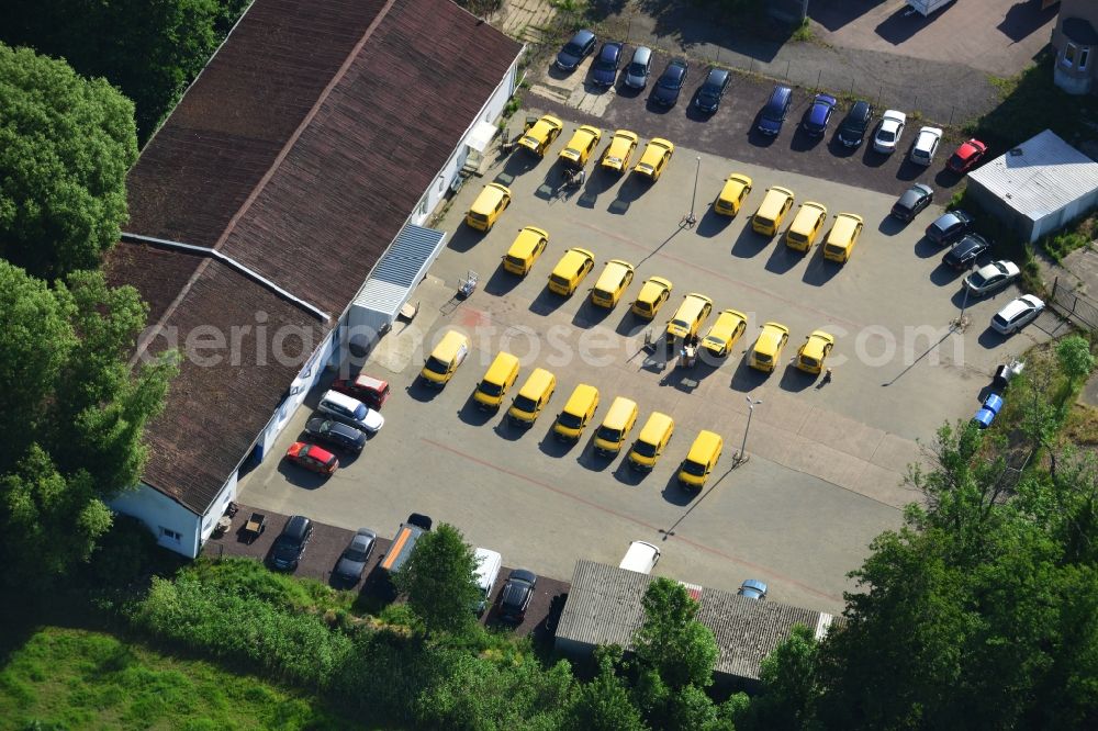 Aerial image Genthin - Freight forwarding building and to be loaded vehicles logistics and transport company DHL - German Post in Genthin in Saxony-Anhalt