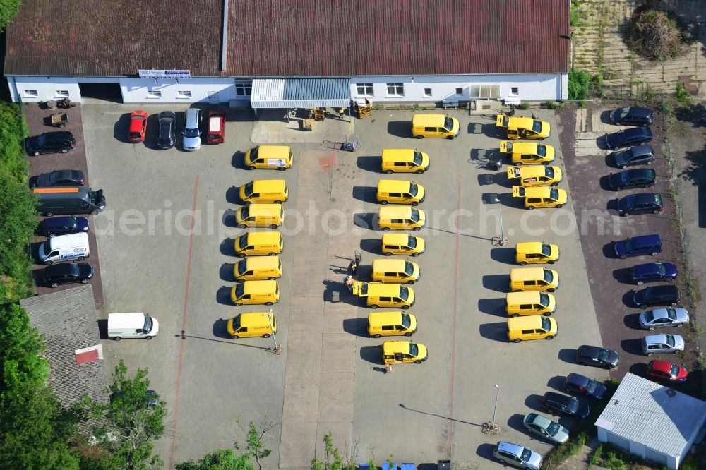 Genthin from the bird's eye view: Freight forwarding building and to be loaded vehicles logistics and transport company DHL - German Post in Genthin in Saxony-Anhalt
