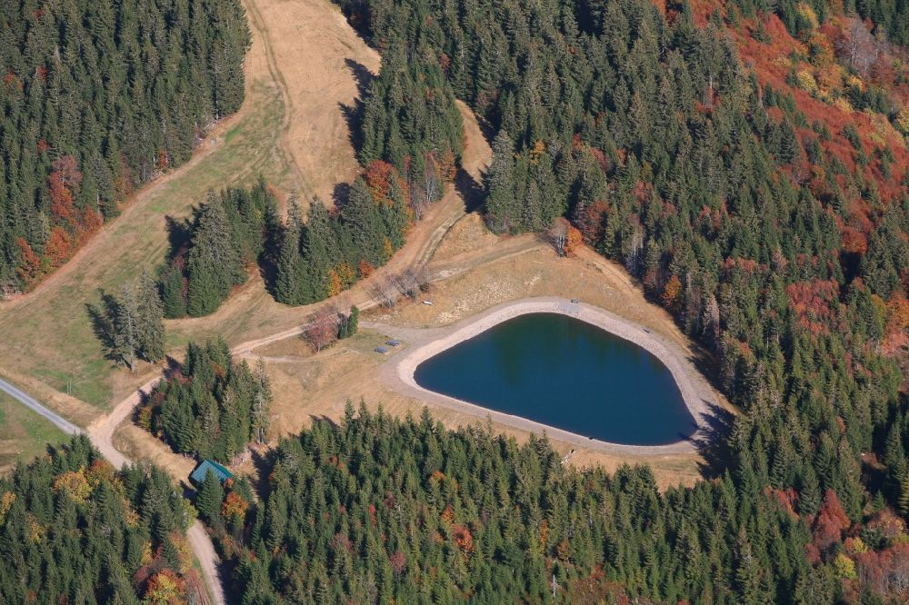 Todtnau from the bird's eye view: Water reservoir for artificial snow in Todtnau in the Black Forest in the state Baden-Wurttemberg, Germany