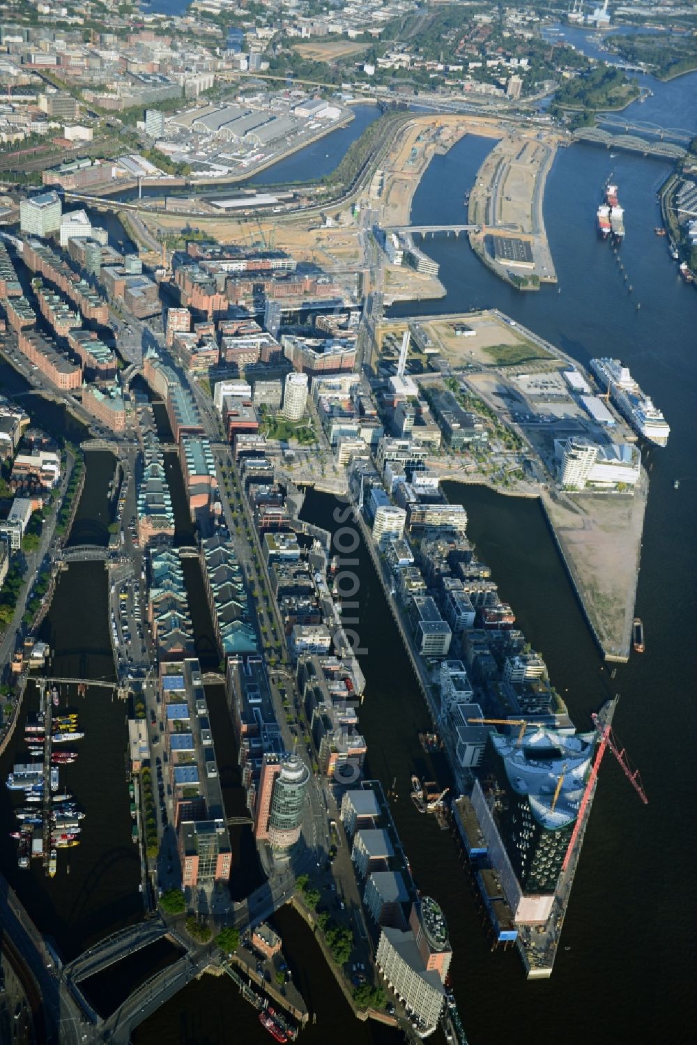 Hamburg from above - City view Speicherstadt harbor city on the banks of the Elbe River in Hamburg Kaiserkai