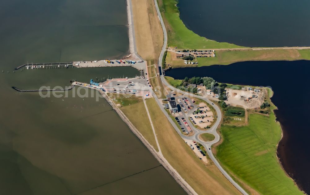 Aerial image Ockholm - Barrier lock system and ferry port Schluettsiel in Hauke-Haien-Koog in North Friesland in the state Schleswig-Holstein, Germany