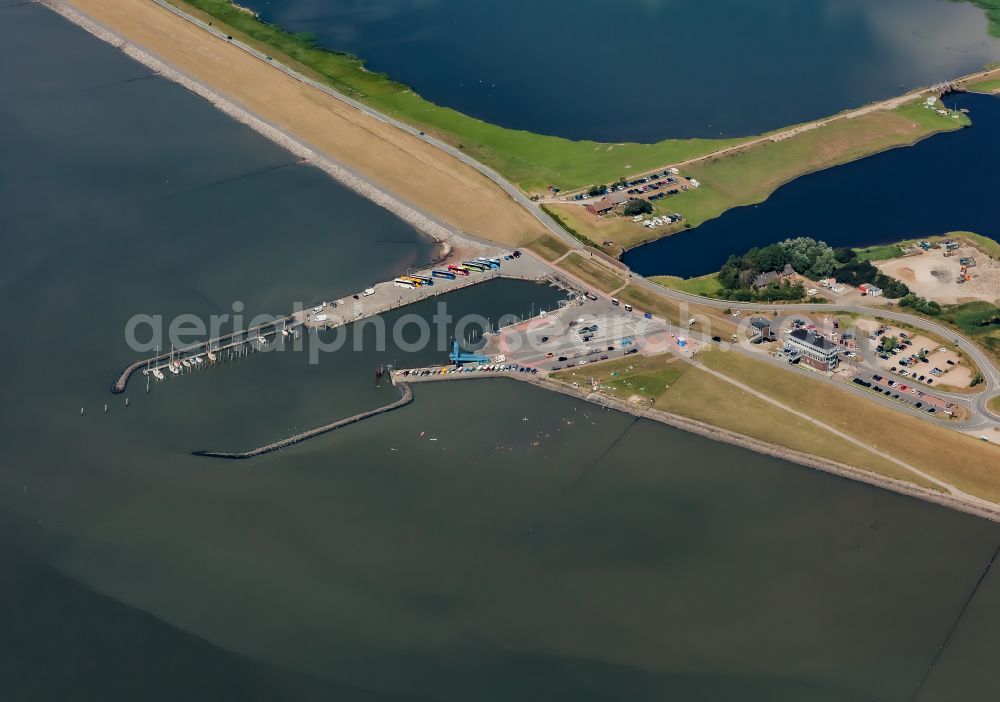 Aerial photograph Ockholm - Barrier lock system and ferry port Schluettsiel in Hauke-Haien-Koog in North Friesland in the state Schleswig-Holstein, Germany
