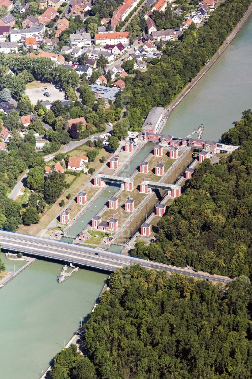 Sehnde from above - Lockage of the Anderten on Mittelkonal in Sehnde in the state Lower Saxony, Germany