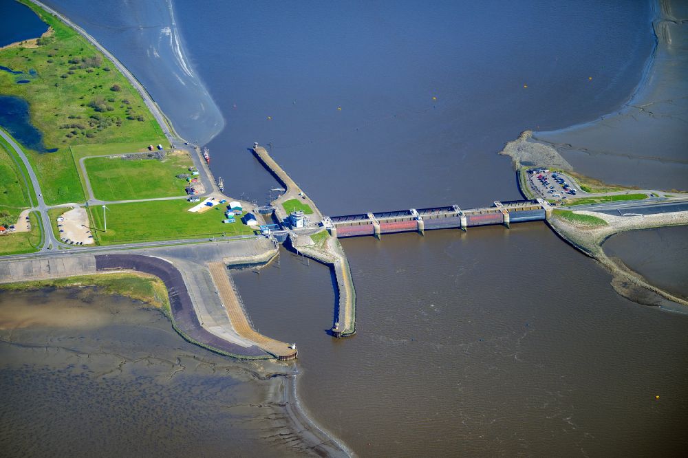 Wesselburenerkoog from above - Lockage of the the Eider to the North Sea in Wesselburenerkoog in the state Schleswig-Holstein, Germany