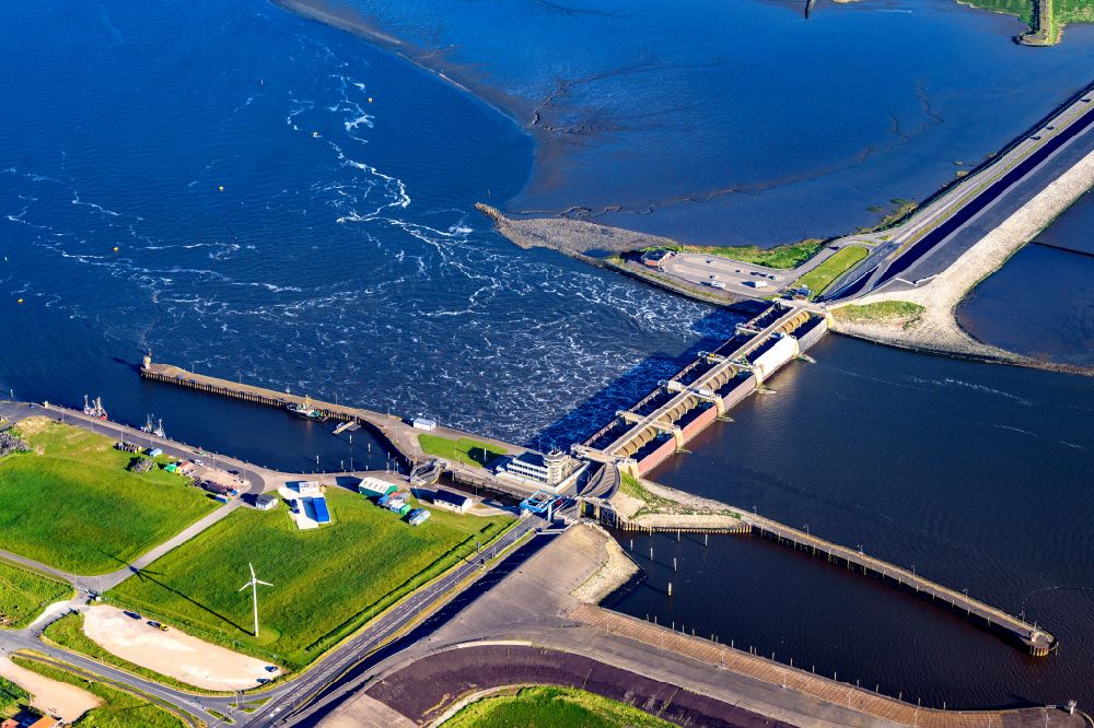 Wesselburenerkoog from above - Lockage of the the Eider to the North Sea in Wesselburenerkoog in the state Schleswig-Holstein, Germany