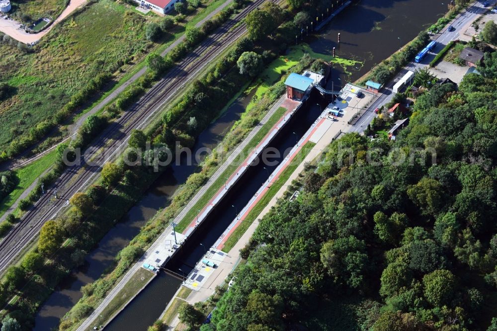 Aerial image Lauenburg/Elbe - Lockage of the on Elbe-Luebeck-Kanal in Lauenburg/Elbe in the state Schleswig-Holstein, Germany