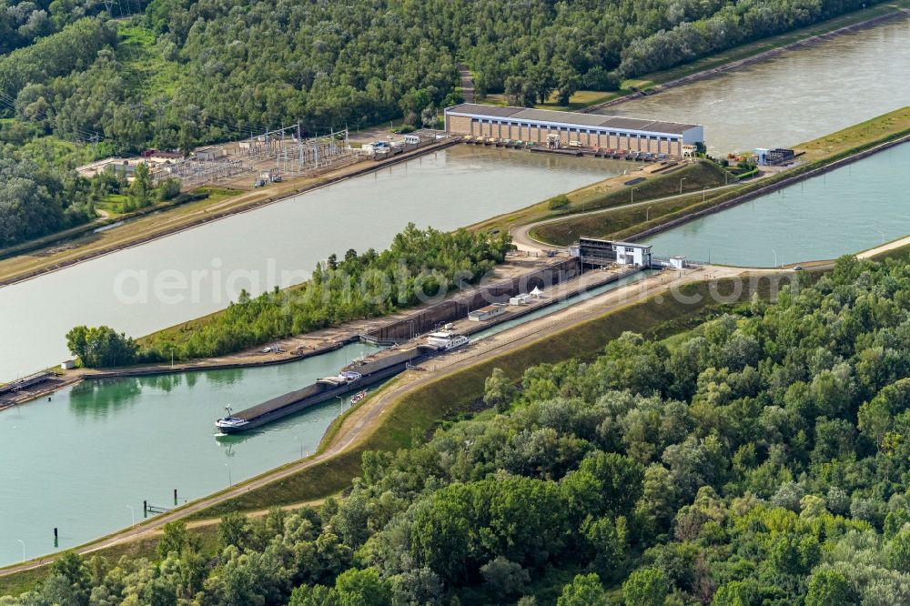 Aerial image Diebolsheim - Lockage of the andRhinau Hydroelectric Plant on Ill Rhinau on Rhein in Diebolsheim in Grand Est, France
