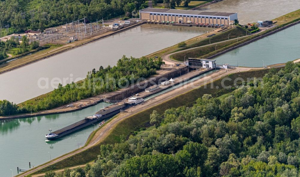 Aerial photograph Diebolsheim - Lockage of the andRhinau Hydroelectric Plant on Ill Rhinau on Rhein in Diebolsheim in Grand Est, France