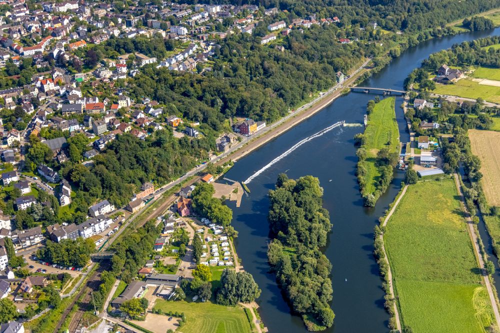 Hattingen from above - Lockage of the Schleuse Dahlhausen on the river Ruhr in Hattingen at Ruhrgebiet in the state North Rhine-Westphalia, Germany