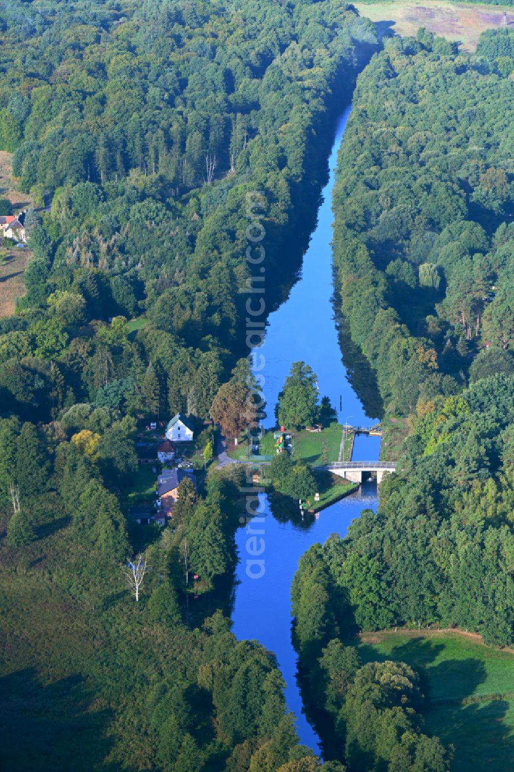 Aerial image Marienwerder - Barrage of the lock systems Schleuse Grafenbrueck on the Finow canal in Marienwerder in the state Brandenburg, Germany