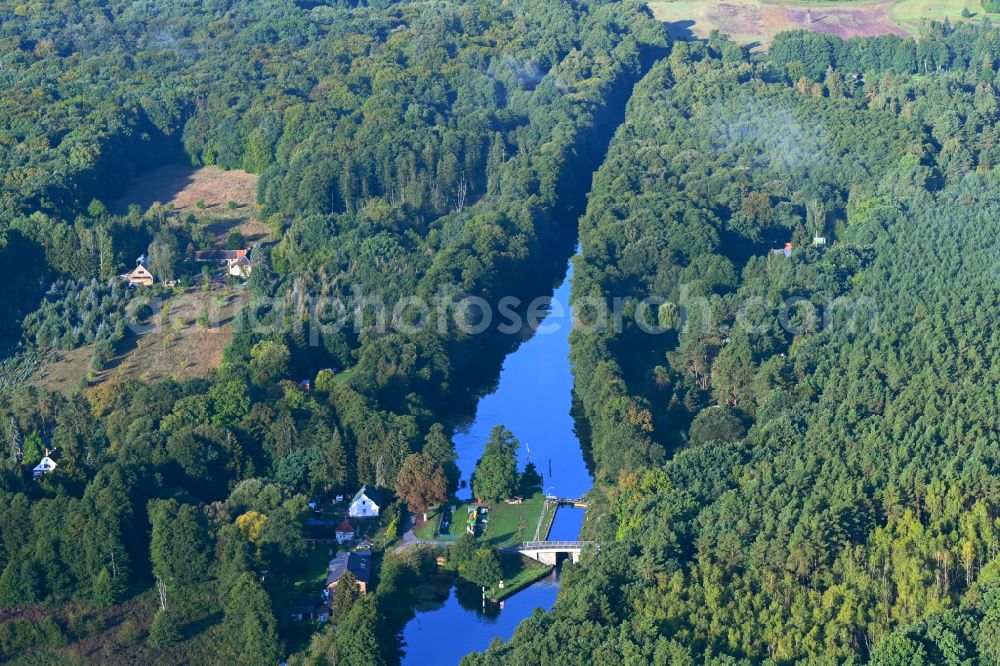 Marienwerder from above - Barrage of the lock systems Schleuse Grafenbrueck on the Finow canal in Marienwerder in the state Brandenburg, Germany