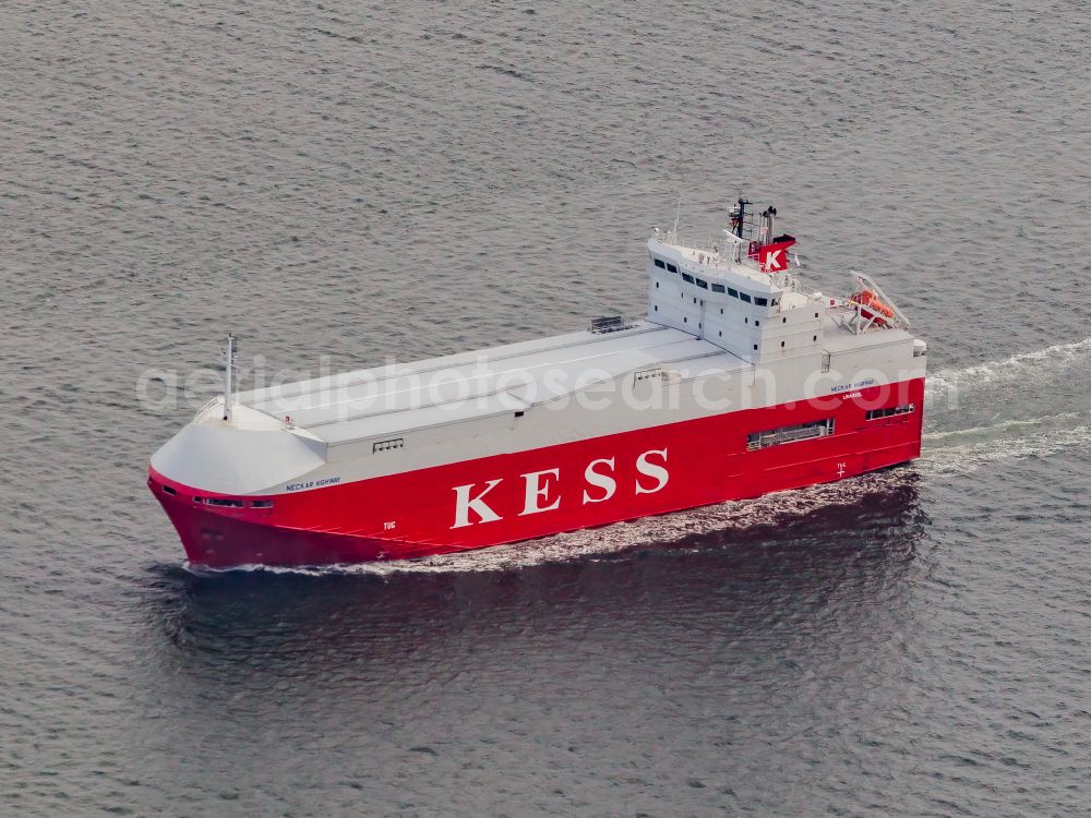 Kiel from the bird's eye view: KESS ship - specialized vessel Vehicles Carrier in (IMO: 9179995 MMSI: 212172000) driving on sea way Kieler Foerde in Kiel in the state Schleswig-Holstein, Germany