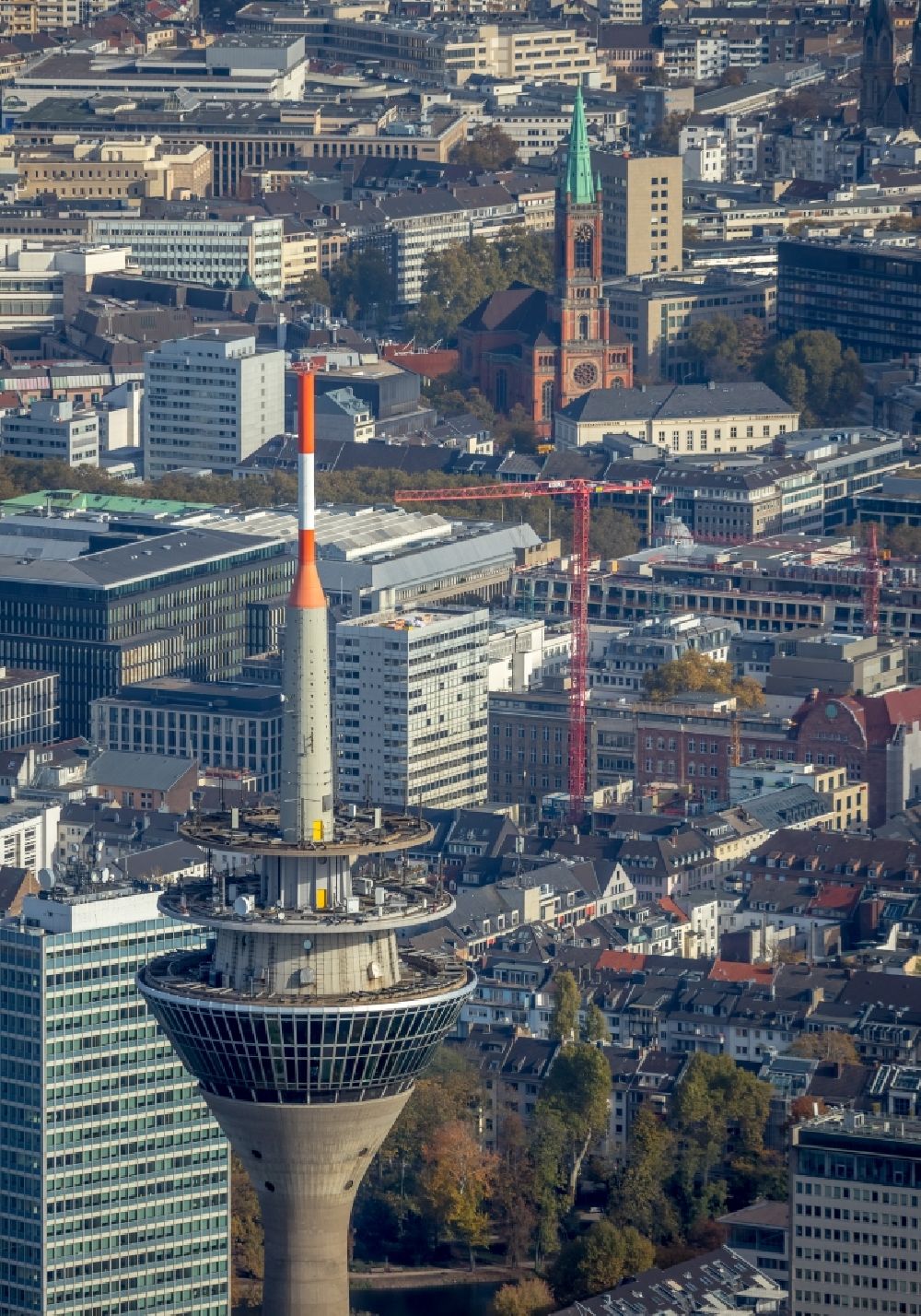 Düsseldorf from the bird's eye view: Top of the Television Tower Rheinturm with the city center in the background in Duesseldorf in the state North Rhine-Westphalia