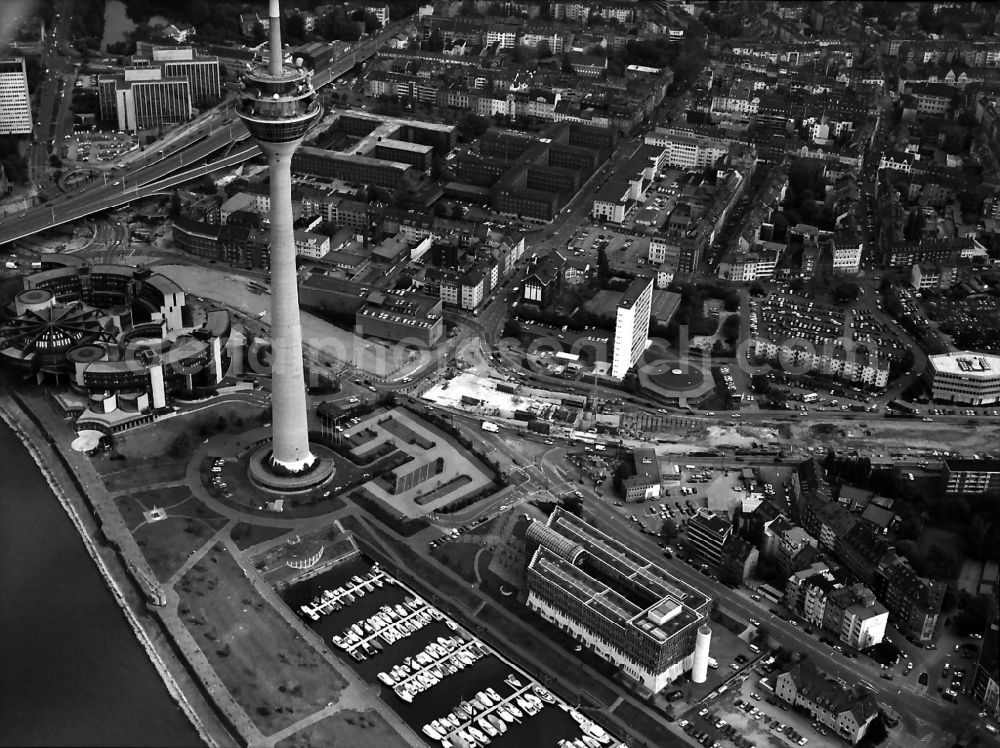 Aerial image Düsseldorf - Top of the Television Tower Rheinturm with the city center in the background in Duesseldorf in the state North Rhine-Westphalia