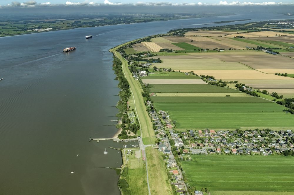 Kollmar from above - Pleasure boat and sailing boat mooring and boat moorings in the harbor on the river bank area Impressum of Wassersportverein Kollmar e.V in Kollmar in the state Schleswig-Holstein, Germany