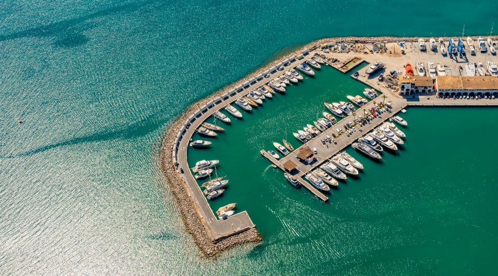 Aerial image Alcudia - Pleasure boat and sailing boat mooring and boat moorings in the harbor in Port d'Alcudia in Balearic island of Mallorca, Spain