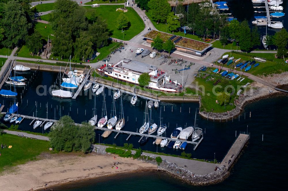 Lochau from the bird's eye view: Pleasure boat and sailing boat landing stage and boat moorings in the harbor on the shore of Lake Constance in Lochau on Lake Constance in Vorarlberg, Austria
