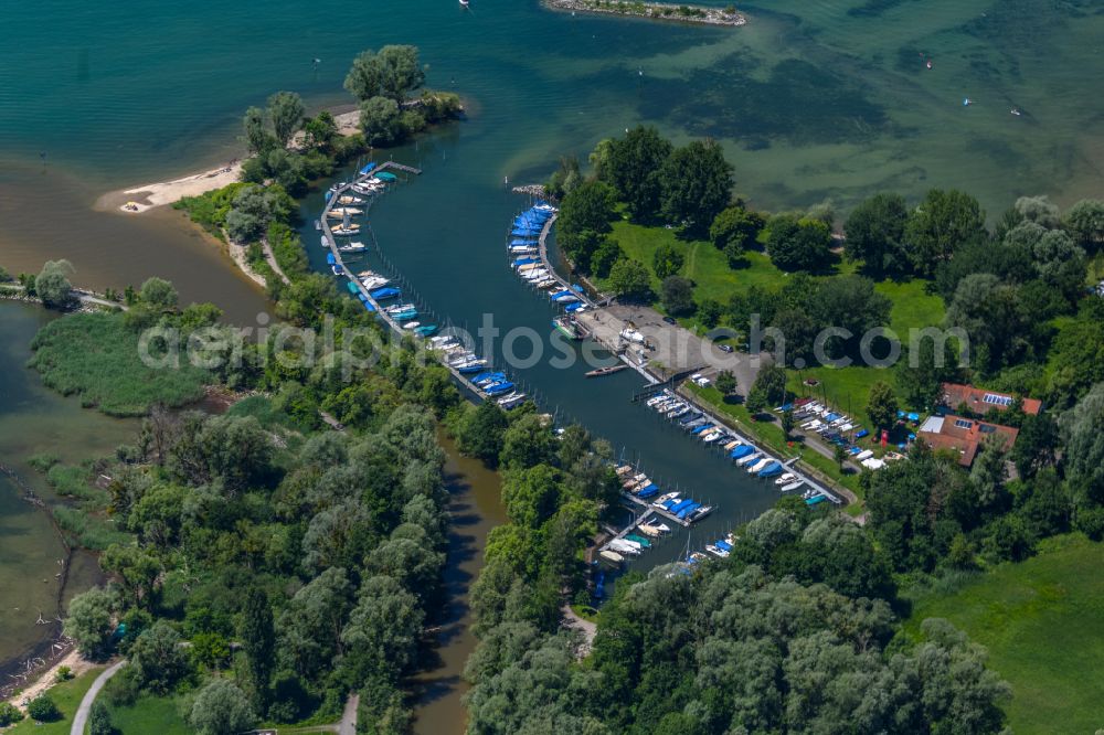 Zech from the bird's eye view: Pleasure boat and sailing boat mooring and boat moorings in the harbor on the bank area of Lake of Constance in Zech at Bodensee in Vorarlberg, Austria