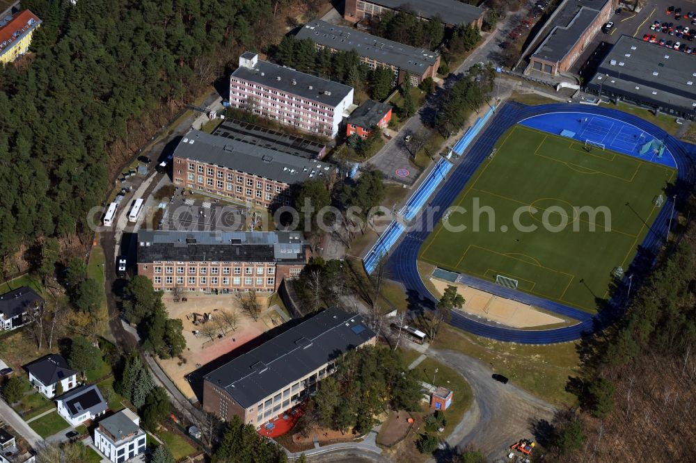 Kleinmachnow from above - Sports facilities of the Berlin Brandenburg International School and residential buildings in Kleinmachnow in the state of Brandenburg. The BBIS includes a football pitch and athletics facilities in a distinct blue colour. Residential buildings and estates as well as a primary school are surrounded by trees and woods
