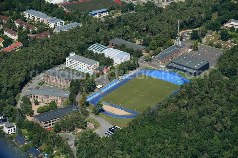 Aerial photograph Kleinmachnow - Sports facilities of the Berlin Brandenburg International School and residential buildings in Kleinmachnow in the state of Brandenburg. The BBIS includes a football pitch and athletics facilities in a distinct blue colour. Residential buildings and estates as well as a primary school are surrounded by trees and woods