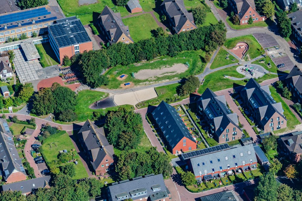 Aerial image Norderney - Sports facility An der Muehle with a parkour park, beach volleyball field, table tennis tables, streetball, on the island of Norderney in the state of Lower Saxony, Germany