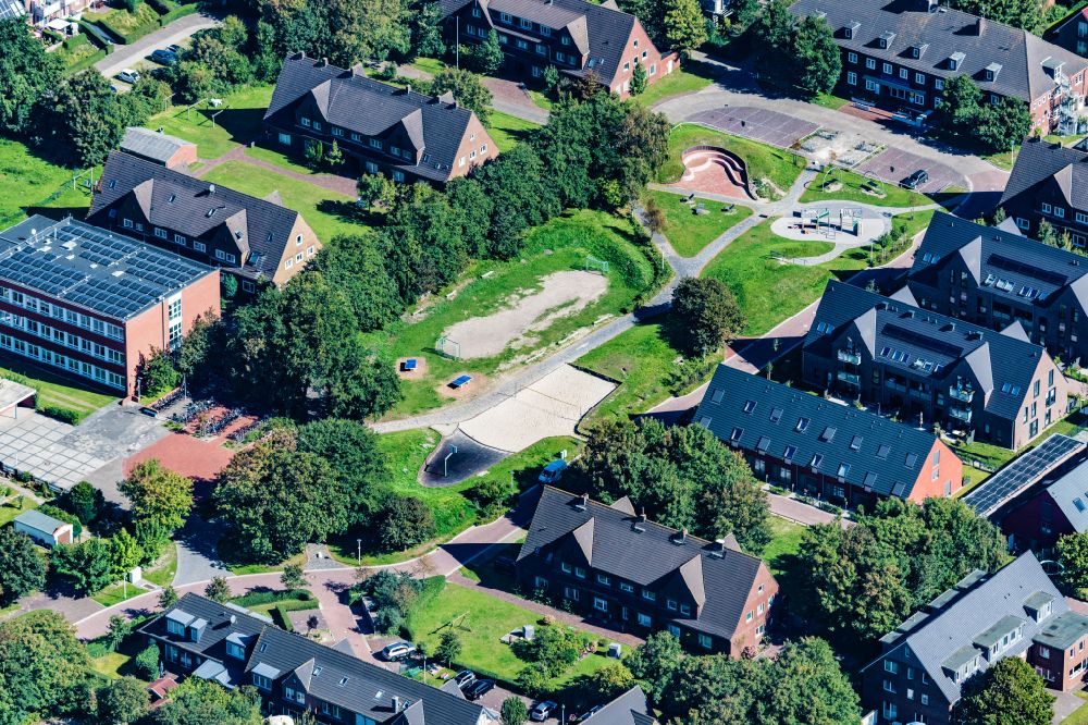 Norderney from the bird's eye view: Sports facility An der Muehle with a parkour park, beach volleyball field, table tennis tables, streetball, on the island of Norderney in the state of Lower Saxony, Germany