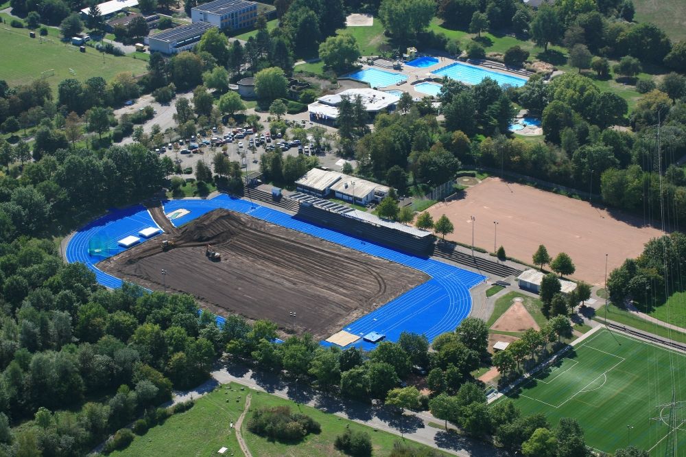 Rheinfelden (Baden) from above - Construction works for a new lawn in the sports grounds and football pitch Europa-Stadion in Rheinfelden (Baden) in the state Baden-Wurttemberg, Germany