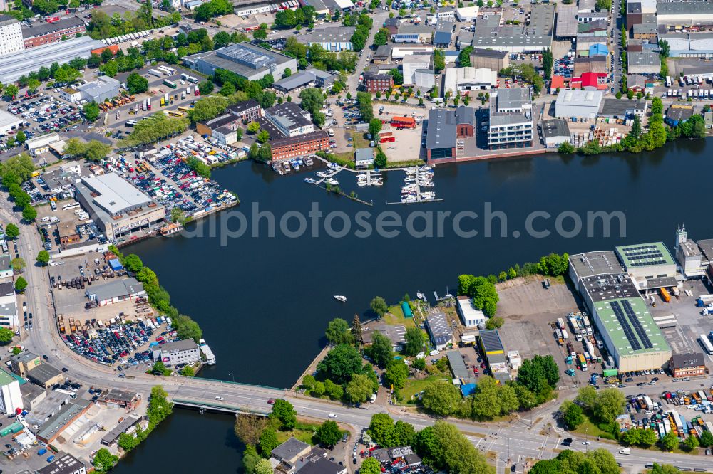 Hamburg from above - Pleasure boat marina with docks and moorings on the shore area of Bille in Hamburg, Germany