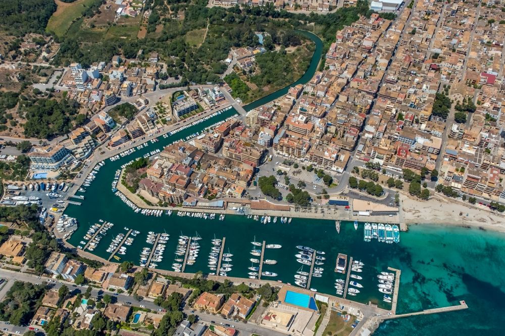 Manacor from above - Pleasure boat marina with docks and moorings on the shore area Cala Manacor in Manacor in Balearic island of Mallorca, Spain
