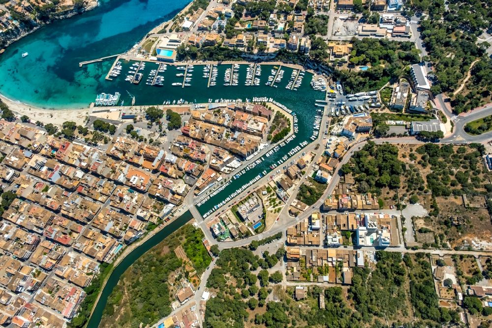 Manacor from above - Pleasure boat marina with docks and moorings on the shore area Cala Manacor in Manacor in Balearic island of Mallorca, Spain