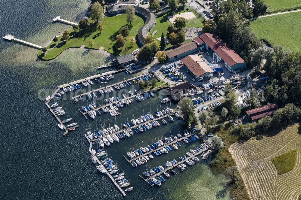 Aerial image Prien am Chiemsee - Pleasure boat marina with docks and moorings on the shore area of Chiemsee in Sportboothafen Stippelwerft in Prien am Chiemsee in the state Bavaria, Germany