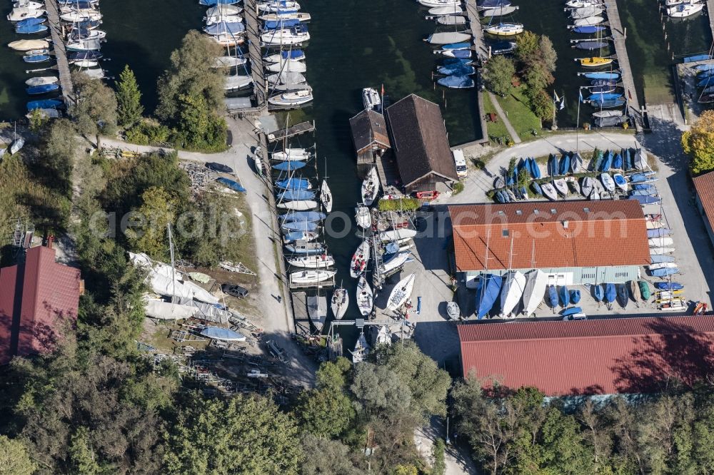Aerial image Prien am Chiemsee - Pleasure boat marina with docks and moorings on the shore area of Chiemsee in Sportboothafen Stippelwerft in Prien am Chiemsee in the state Bavaria, Germany