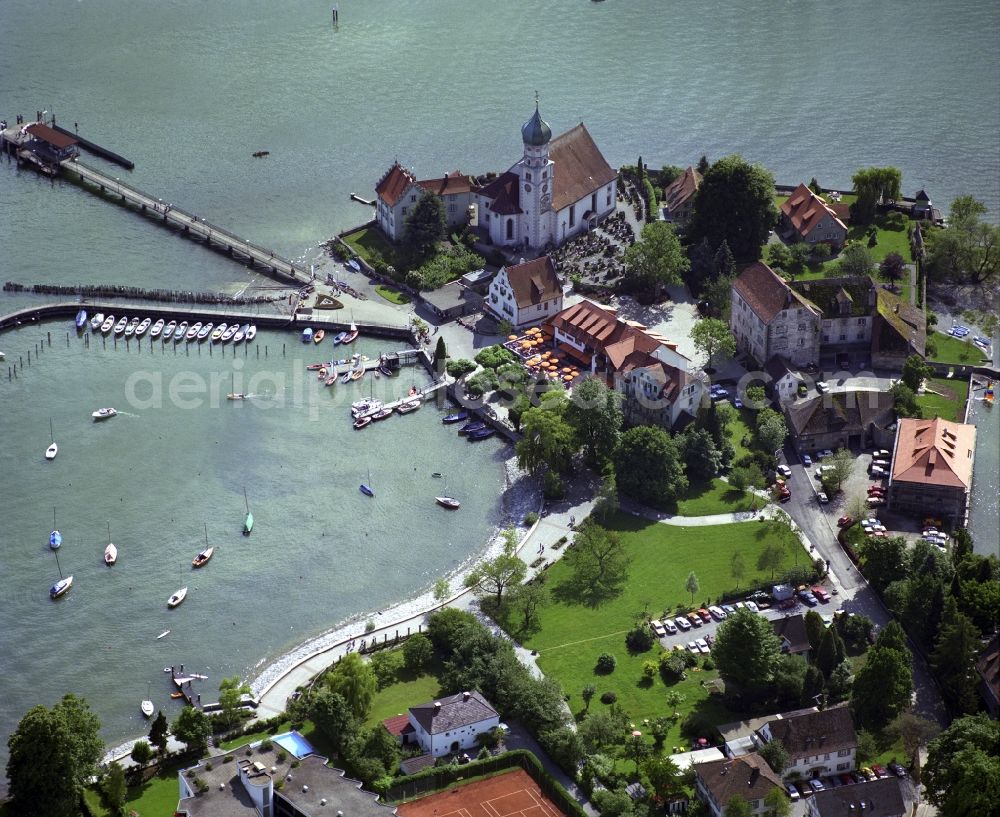 Wasserburg (Bodensee) from above - Pleasure boat marina with docks and moorings on the shore area of Lake of Constance in Wasserburg (Bodensee) in the state Bavaria, Germany