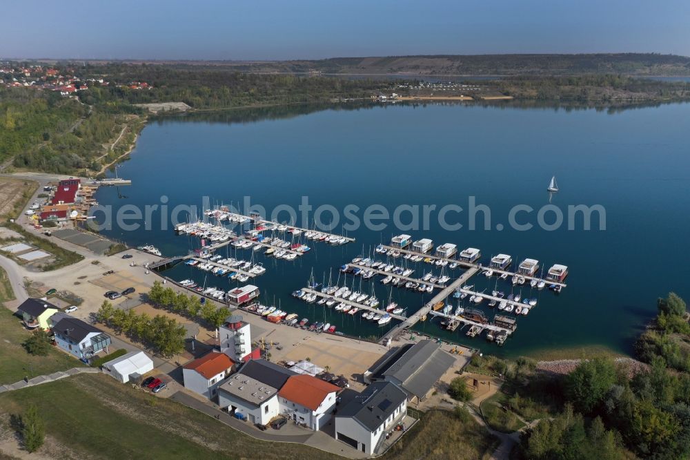 Aerial image Mücheln (Geiseltal) - Pleasure boat marina with docks and moorings on the shore area of Geiseltalsee of Marina Muecheln GmbH on Hafenplatz in Muecheln (Geiseltal) in the state Saxony-Anhalt, Germany
