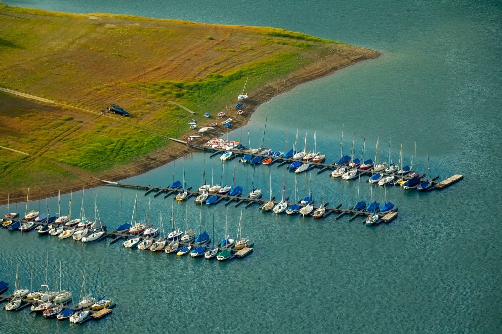 Aerial image Olpe - Pleasure boat marina with docks and moorings on the shore area in Olpe in the state North Rhine-Westphalia
