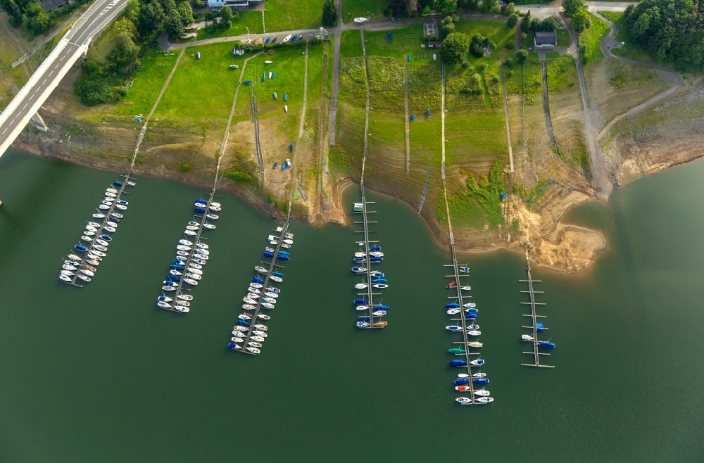 Aerial photograph Olpe - Pleasure boat marina with docks and moorings on the shore area in Olpe in the state North Rhine-Westphalia