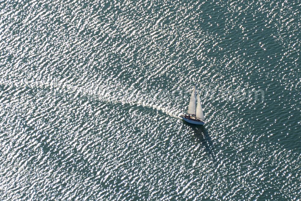 Aerial image Chiemsee - Sailboat under way in Chiemsee in the state Bavaria, Germany