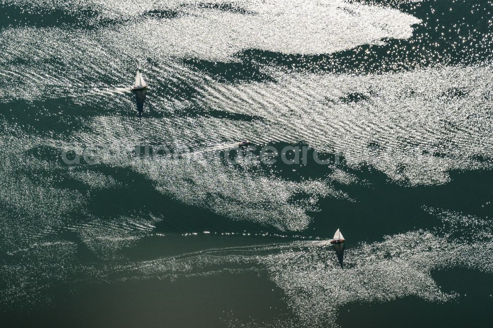 Aerial photograph Chiemsee - Sailboat under way in Chiemsee in the state Bavaria, Germany