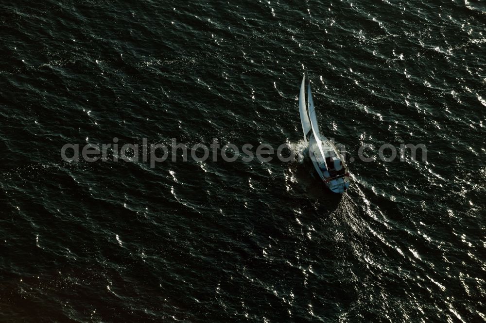 Aerial image Plau am See - Sailboat under way on Plauer See in Plau am See in the state Mecklenburg - Western Pomerania, Germany