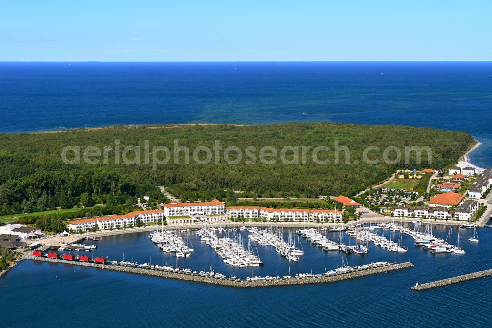 Ostseebad Boltenhagen from above - Sailboat port by the host YachtWelt Weisse Wiek at the Baltische Promenade in Ostseebad Boltenhagen at the baltic sea coast in the state Mecklenburg - Western Pomerania