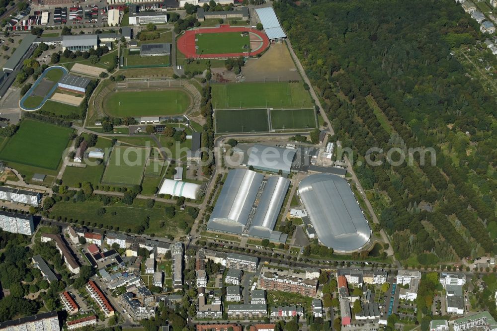Aerial image Berlin - Sportforum Hohenschoenhausen in Berlin is a complex of several sports venues in Berlin's Lichtenberg district. The resulting is named after the Olympic Park is the second largest sports and training center of Berlin and is home to the largest among others Germany's Olympic Training Center. Users include the following teams: BFC Dynamo, the Eisbaeren Juniors Berlin, SC Berlin, Berliner TSC, Fuechse Berlin, ALBA Berlin (junior), SC Charlottenburg, SV Preussen Berlin, Weissenseer SV Rot-Weiss