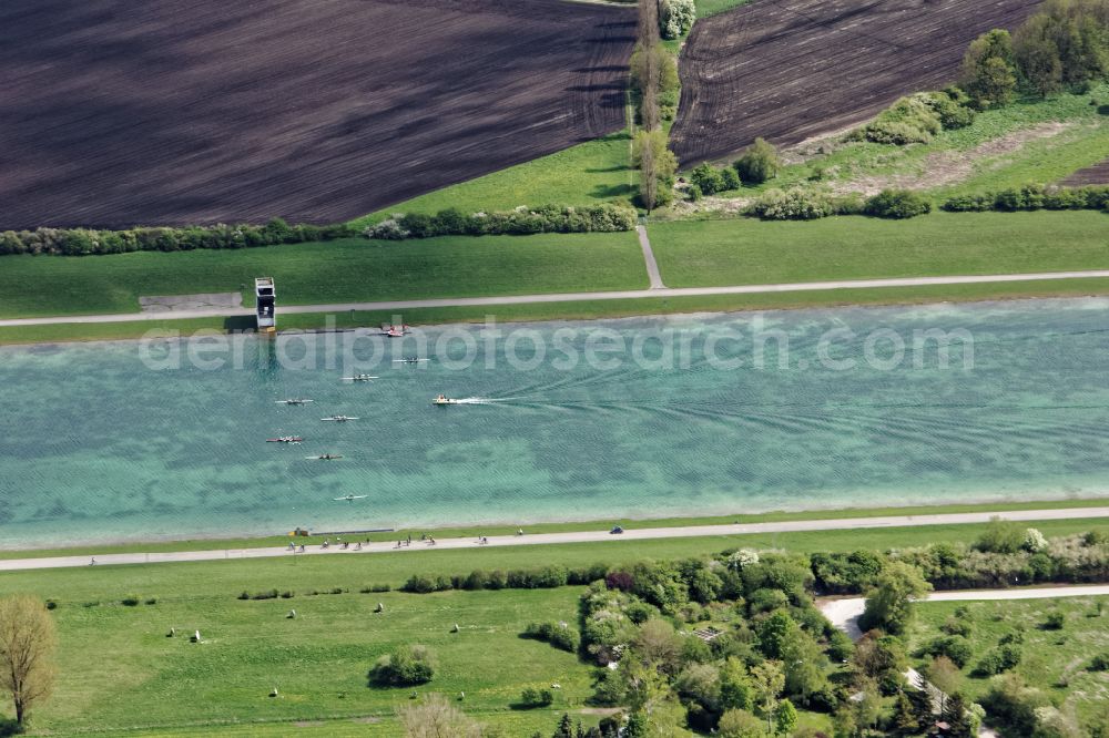 Aerial image Oberschleißheim - Sports area Regatta facility of the performance center for rowing and canoeing in the district Feldmoching-Hasenbergl in Oberschleissheim in the state Bavaria, Germany