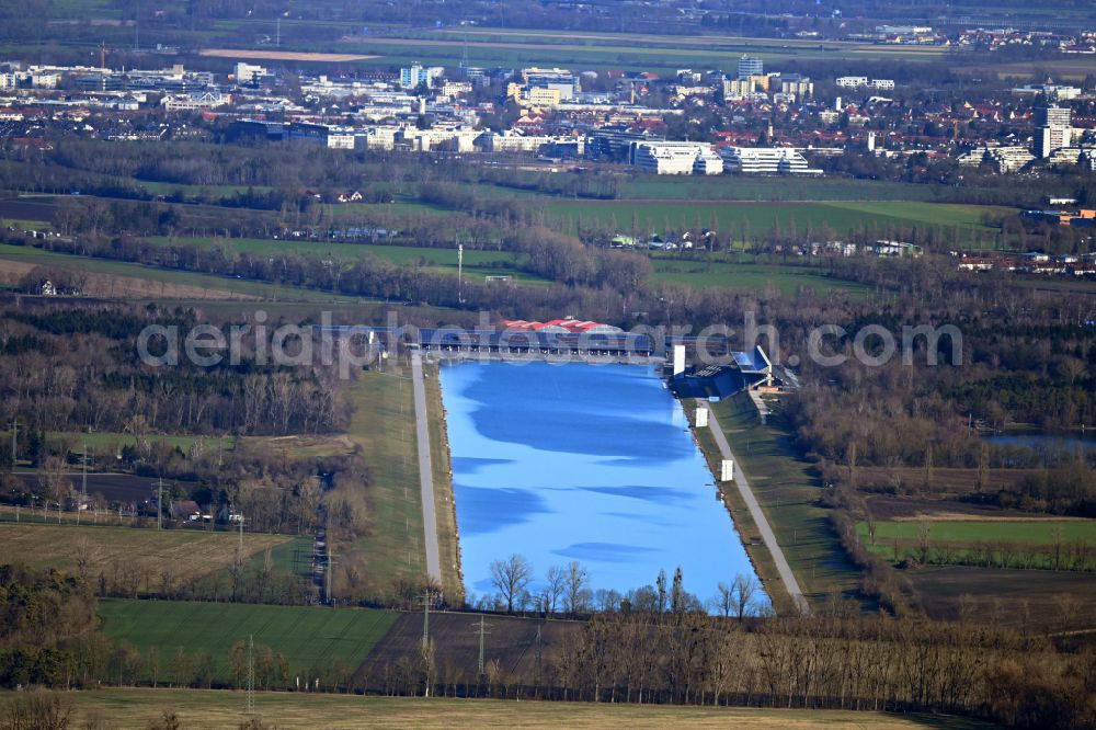 Oberschleißheim from above - Sports area Regatta facility of the performance center for rowing and canoeing in the district Feldmoching-Hasenbergl in Oberschleissheim in the state Bavaria, Germany