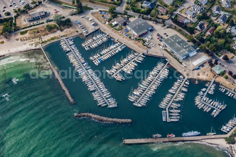Aerial image Strande - Sporthafen Strande on Strandstrasse in Strande in the state Schleswig-Holstein, Germany. Home port of the sailing clubs KYC Kieler Yacht Club and Yachtclub Strande YCS with boat halls and boat filling station