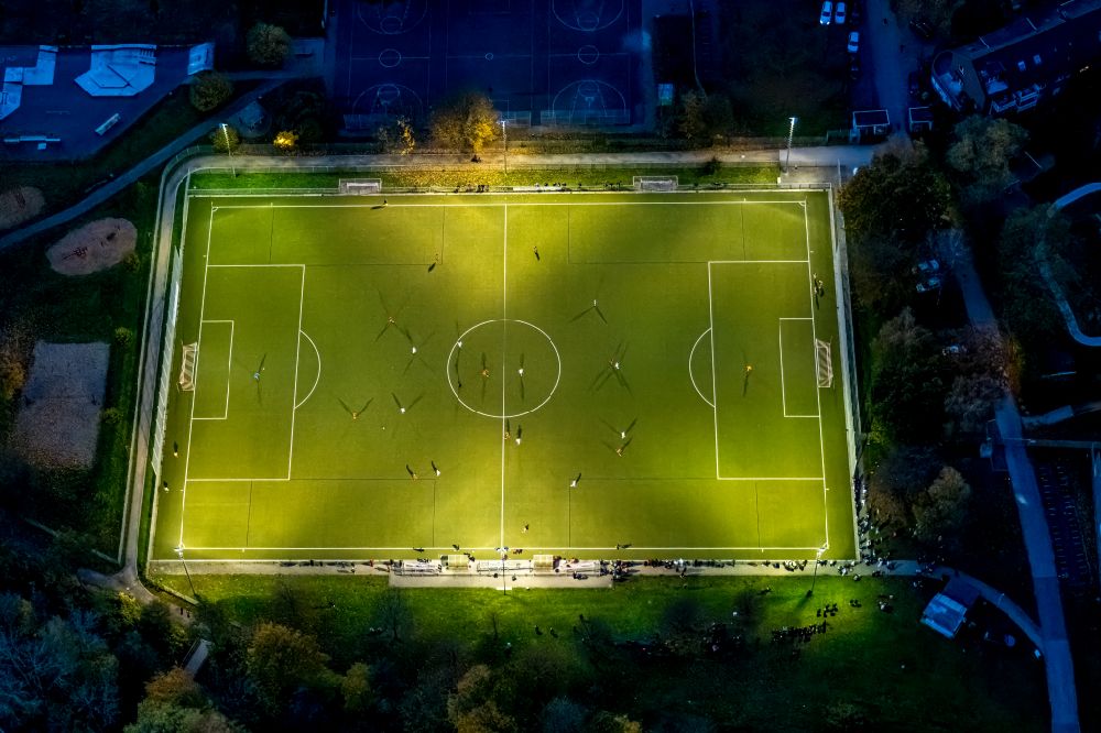 Hamm from above - Sports grounds and football pitch of Adolf-Bruehl-Stadium on Galilei- High School in the West of Hamm in the of state North Rhine-Westphalia