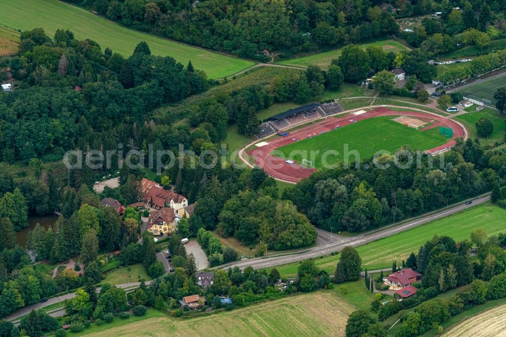 Lahr/Schwarzwald from the bird's eye view: Sports grounds and football pitch and Dammenmuehle in Lahr/Schwarzwald in the state Baden-Wuerttemberg, Germany