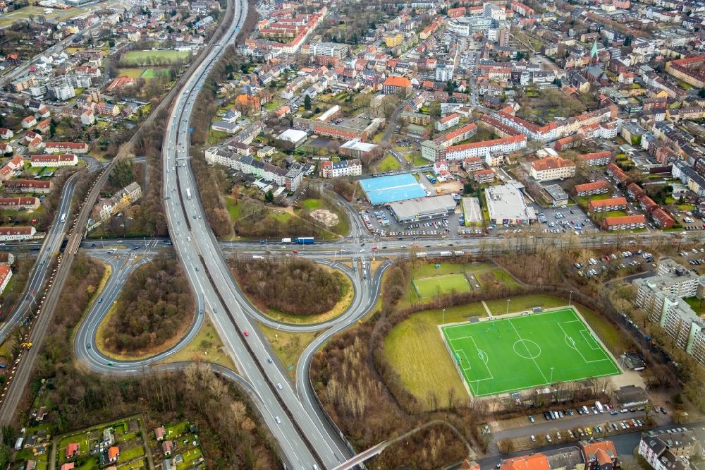Herne from above - Sports grounds and football pitch Emscherstrasse in the district Gelsenkirchen-Mitte in Herne in the state North Rhine-Westphalia