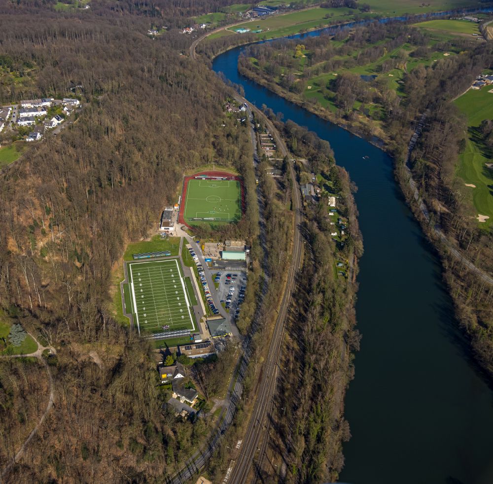 Aerial photograph Essen - Sports grounds and football pitch des Fussball- Sport- Verein Kettwig e.V. in Essen in the state North Rhine-Westphalia